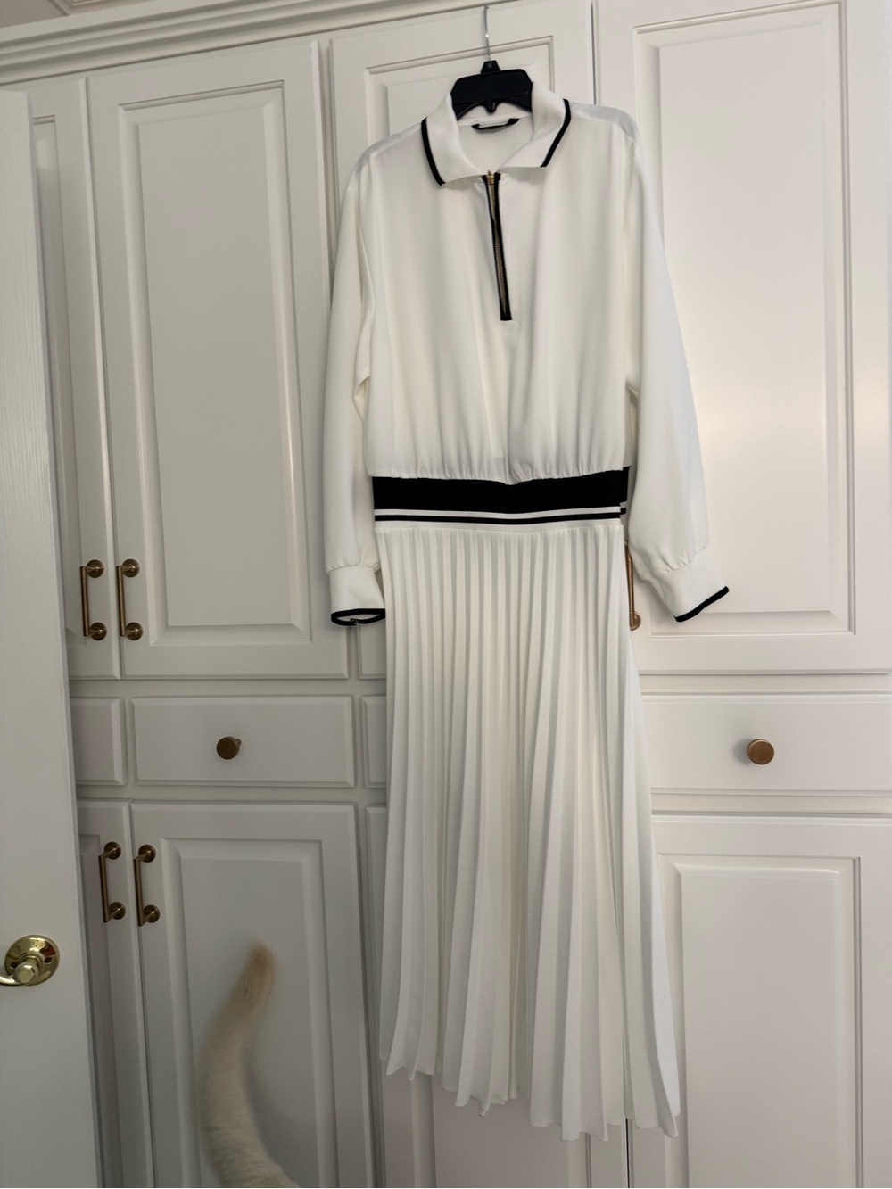 Zara White Pleated Long-Sleeve Polo Dress with Black Trim